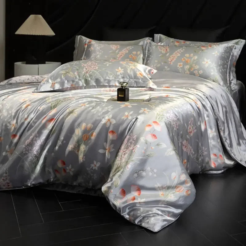 100% Natural Mulberry Silk Fitted Sheet Bedding Sets 3D Printed Satin Cooling Quilt Cover Set for Summer Single Double Bed Kit