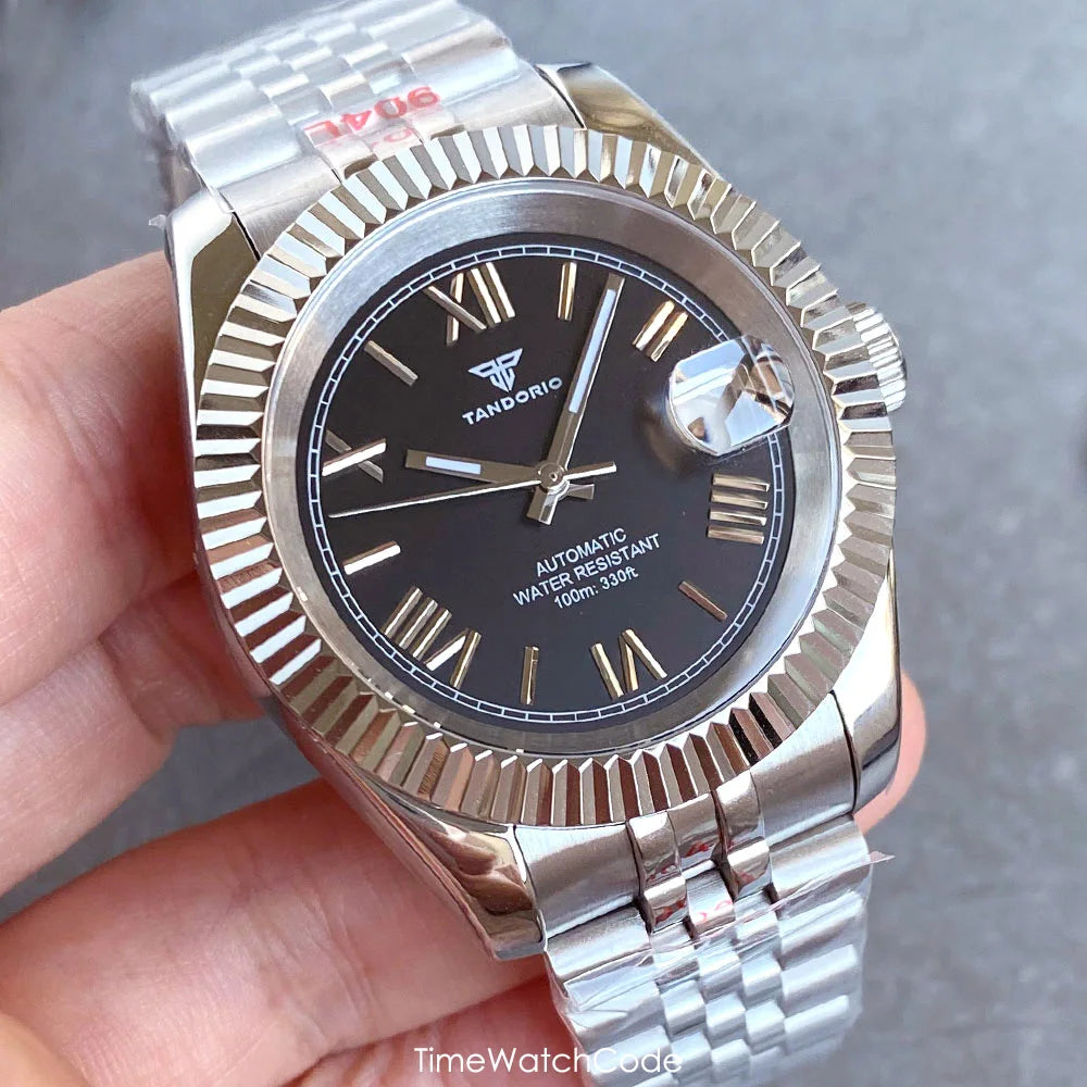 Montre automatique de luxe Tandorio Business pour homme, mouvement NH35A, cadran classique à chiffres romains, lunette cannelée, verre saphir, 36/39 mm