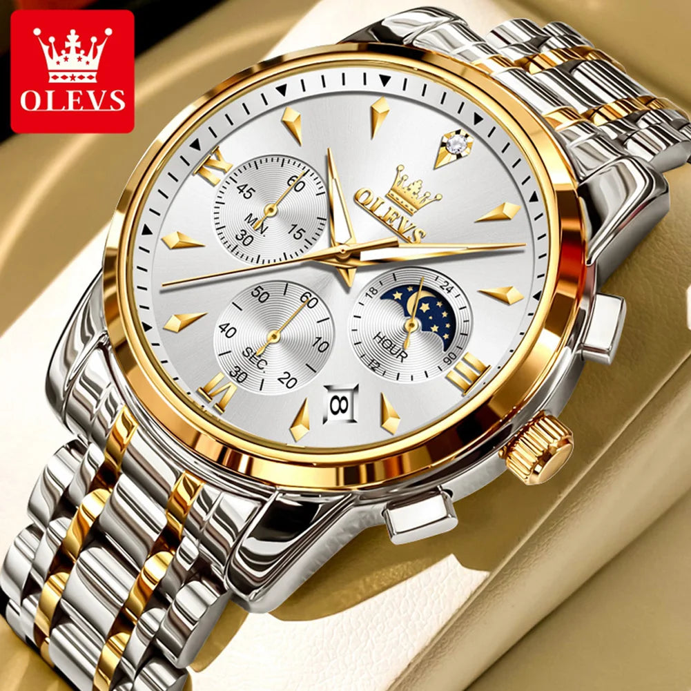 OLEVS 3639 Top Brand Original Luxury New Quartz Watch Stainless Steel Watch For Men Waterproof Luminous Moon Phase Mens Watch