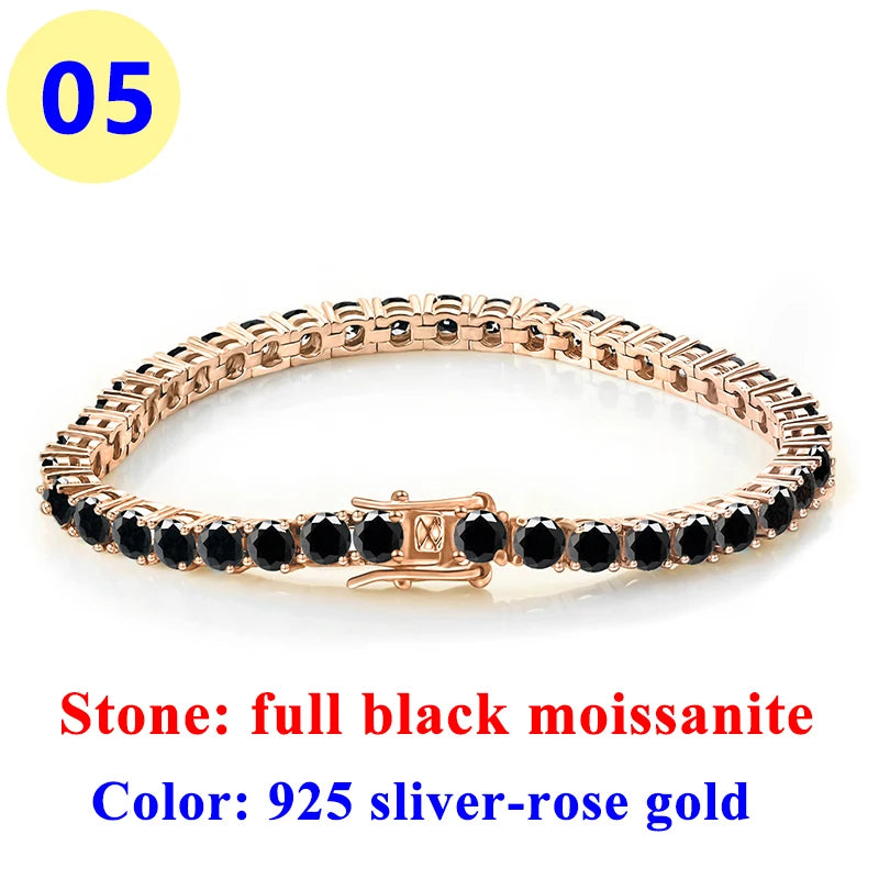 3MM Pink Full Moissanite Tennis HipHop Blue Green Yellow Purple Bracelet S925 Sliver Plated White Gold Bracelet for Women Men