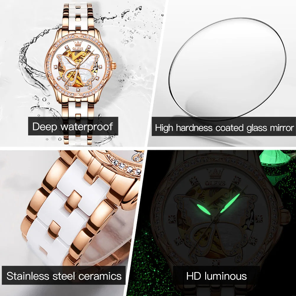 OLEVS 6622 Luxury Women All Automatic Mechanical Watch HD Waterproof Elegant Butterfly Diamond Women Fashion Bracelet Set Watch
