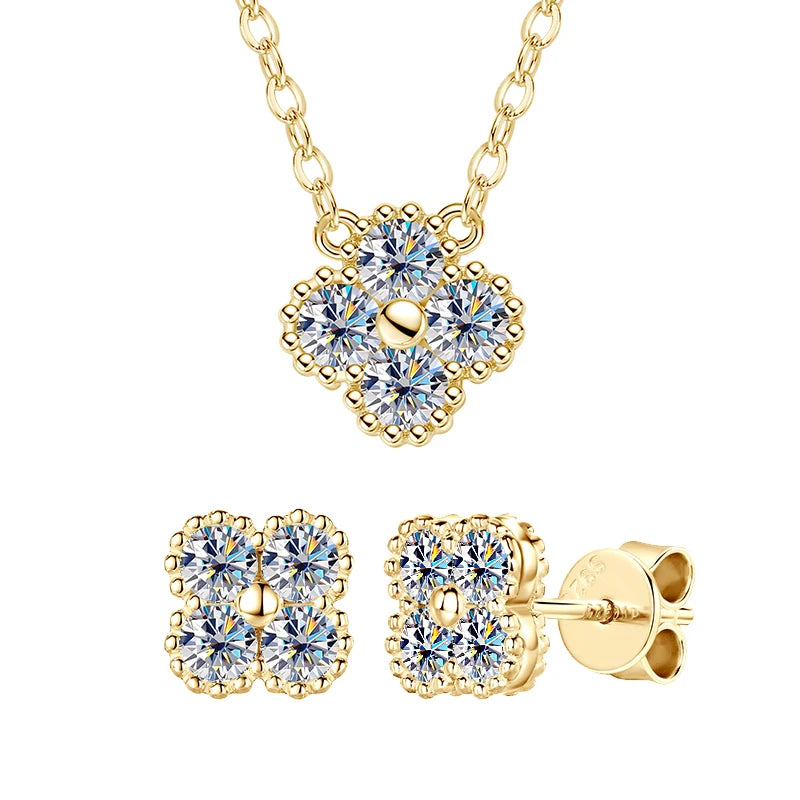 18k Gold Plated 925 Silver 3mm Moissanite Necklace Earrings Bracelet Sets 3 In 1 Clover Flower Charm Jewelry Set for Women Gift