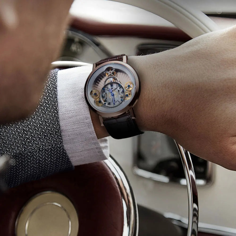 Reef Tiger/RT Men Designer Casual Fashion Quartz Watches Skeleton Sapphire Leather Strap Rose Gold Clock RGA1958