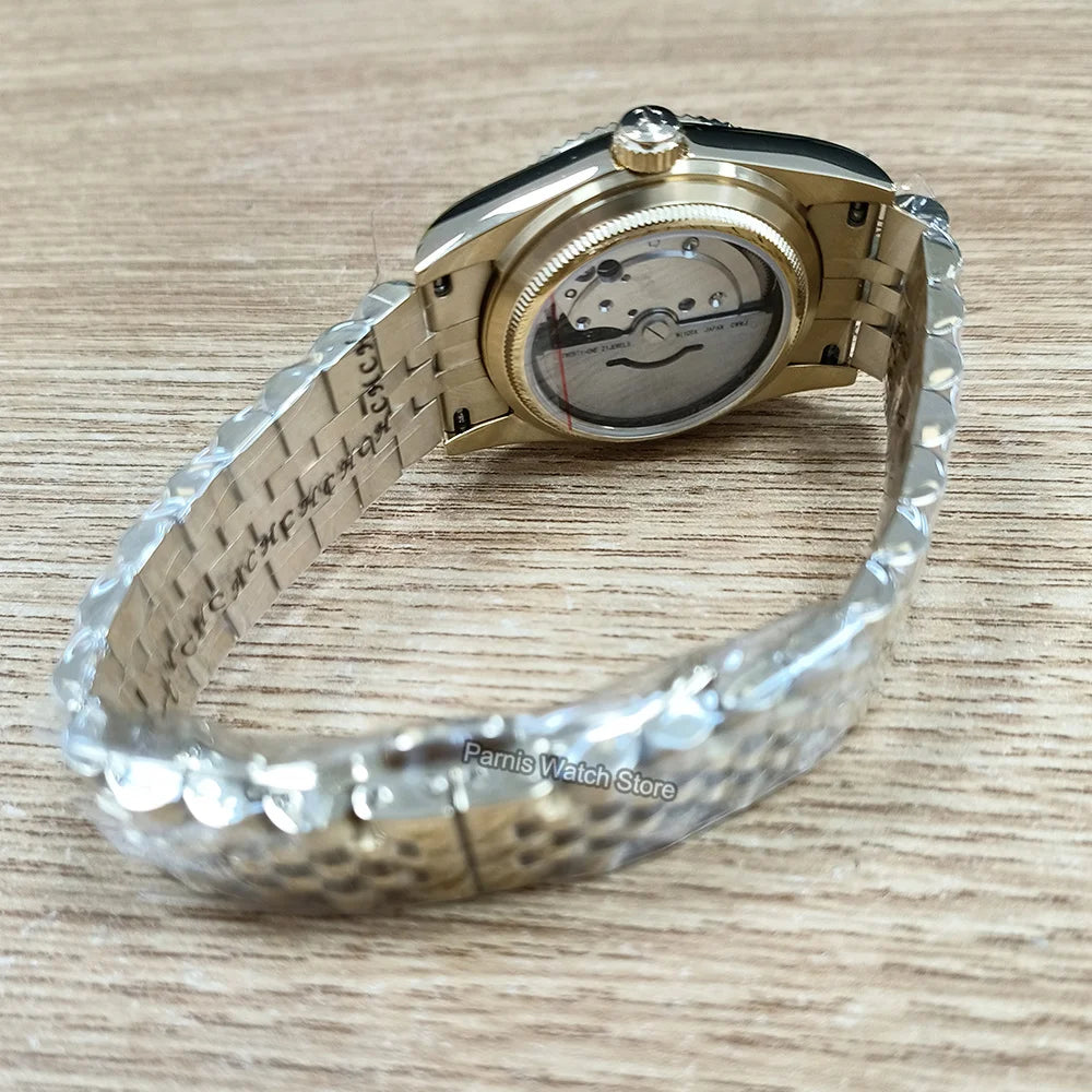 Parnis 36mm Gold Color Luminous Mark Automatic Men's Wristwatch 5 ATM Stainless Steel Jubilee Bracelet