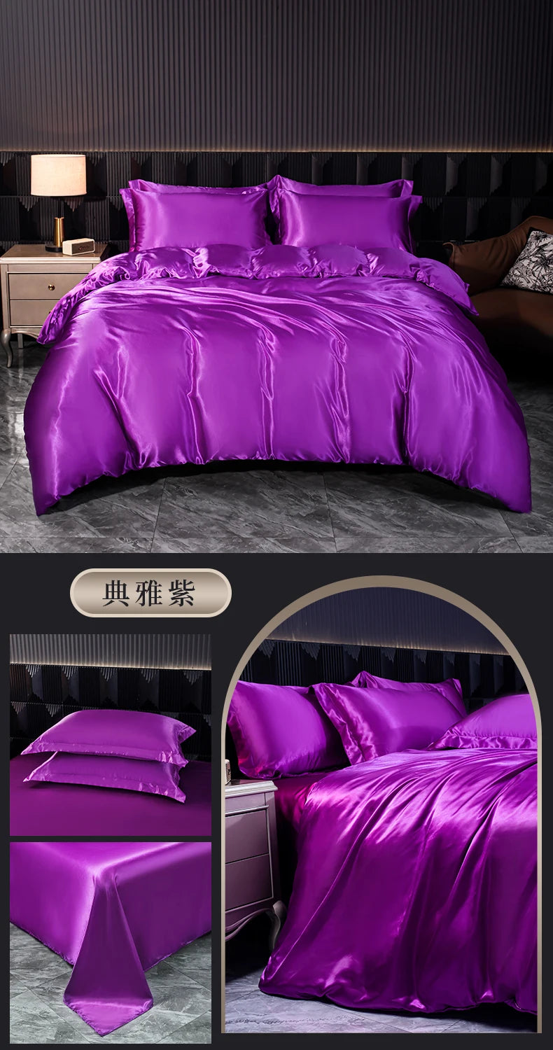 Solid Silk Bedding Set with Duvet Cover Bed Sheet Pillowcases Luxury Satin Single Double Bedsheet King Queen Twin Size
