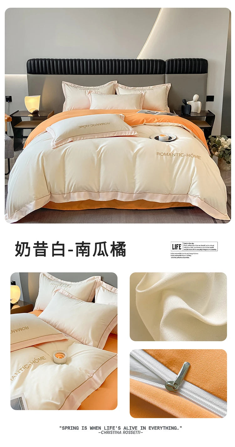 1 Set Cotton Bedding Set with Duvet Cover Bed Sheet Pillowcase Luxury  Bedsheet Solid Color King Queen Full Twin Size