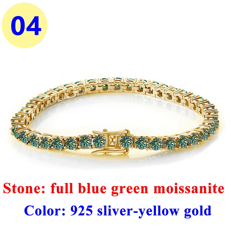 3MM Pink Full Moissanite Tennis HipHop Blue Green Yellow Purple Bracelet S925 Sliver Plated White Gold Bracelet for Women Men