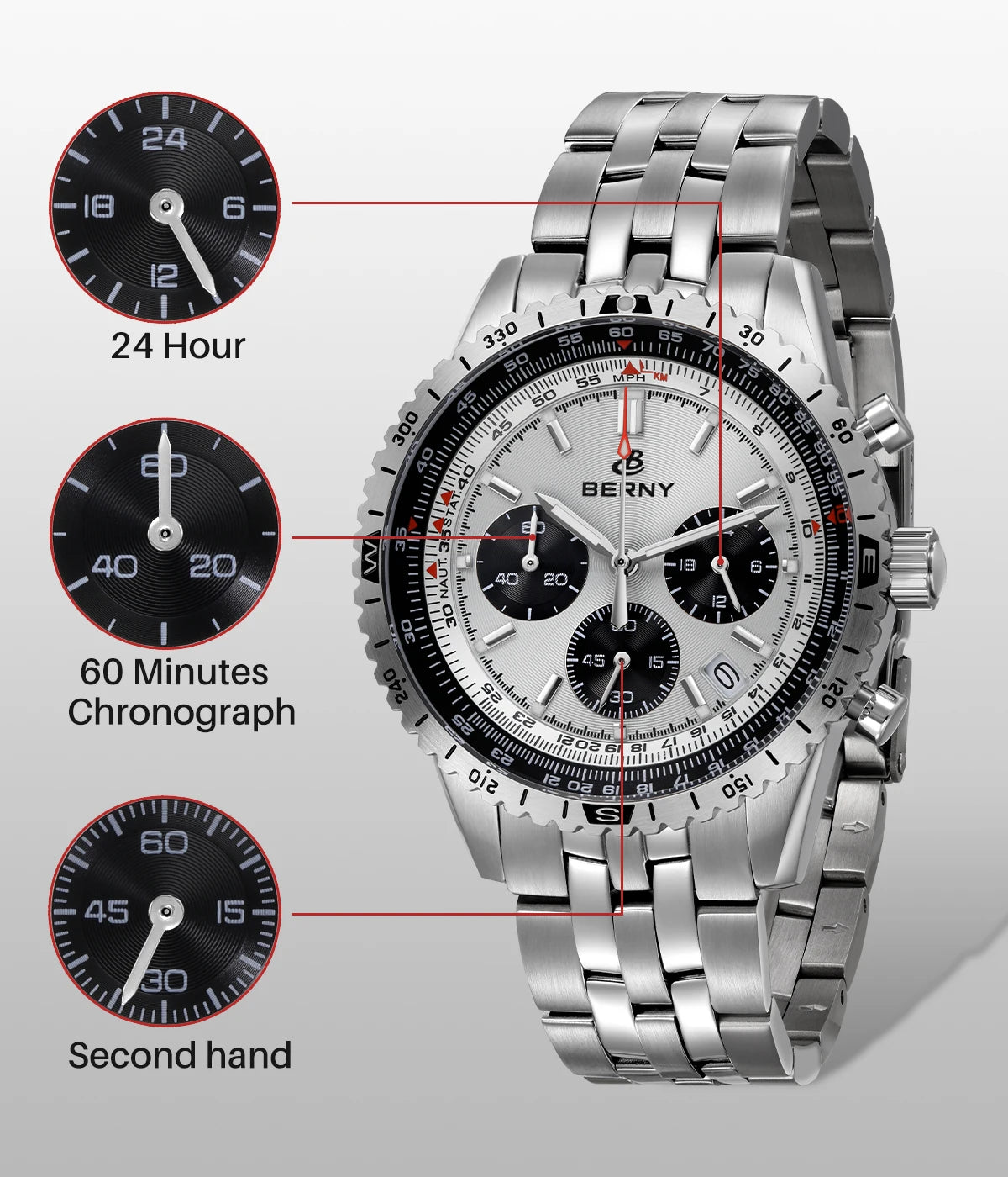 BERNY Chronograph Watches for Men Aviation Pilot Multifunction Quartz Men's Watch Date Sapphire Super Luminous Luxury Wristwatch