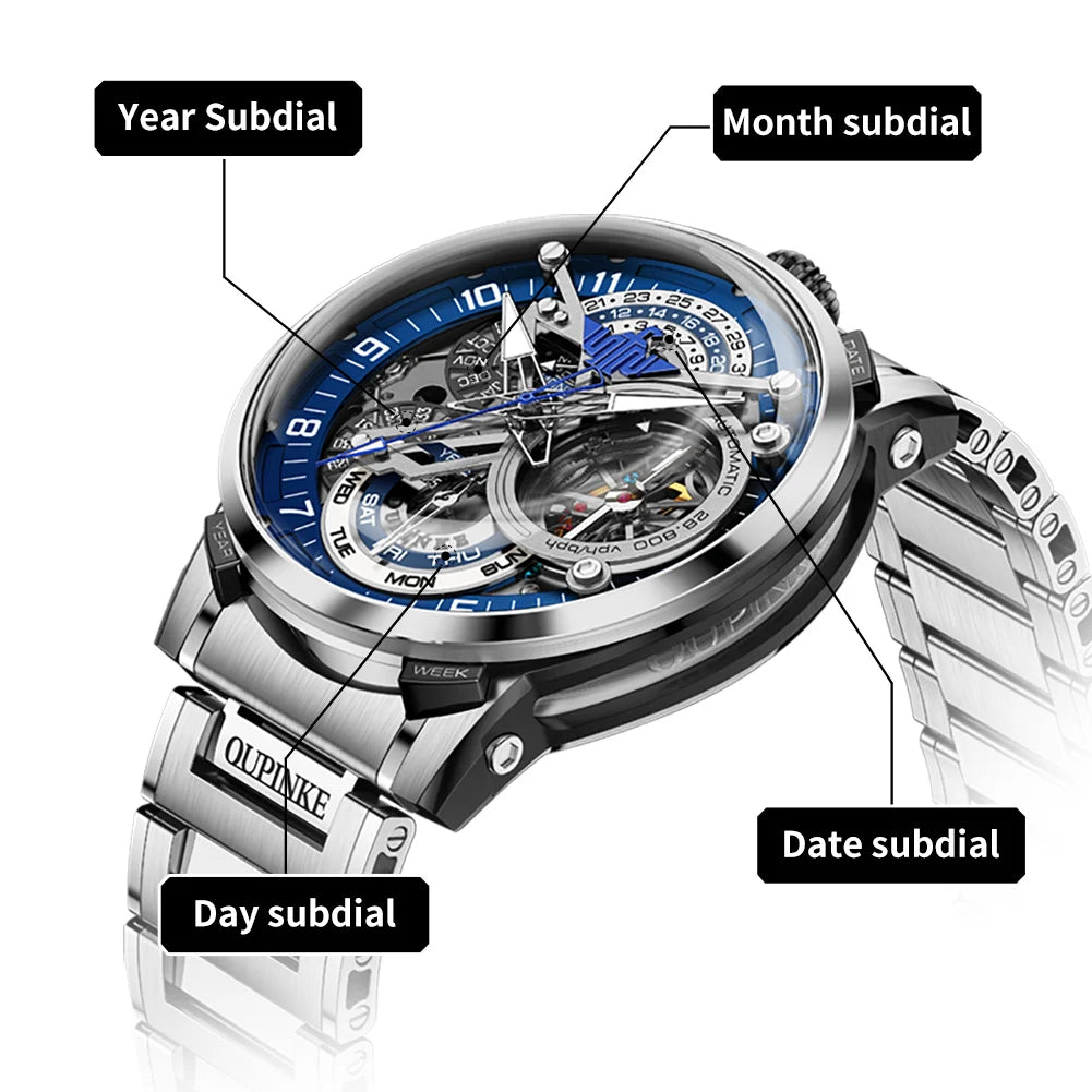 OUPINKE 3278 Herrenuhr, Luxus-Automatikuhr mit Schwungrad, Skelett-Uhrwerk, 50 m wasserdicht, Edelstahl 316L