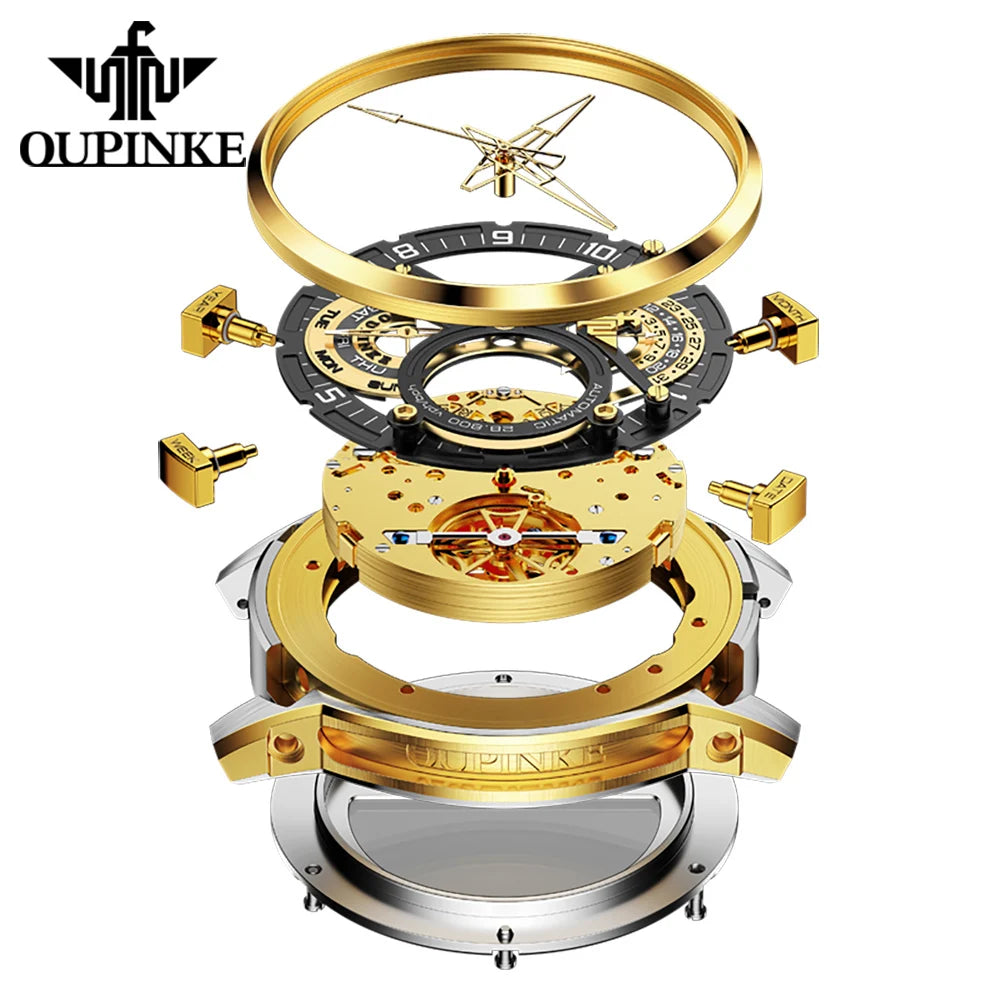 OUPINKE 3278 Herrenuhr, Luxus-Automatikuhr mit Schwungrad, Skelett-Uhrwerk, 50 m wasserdicht, Edelstahl 316L