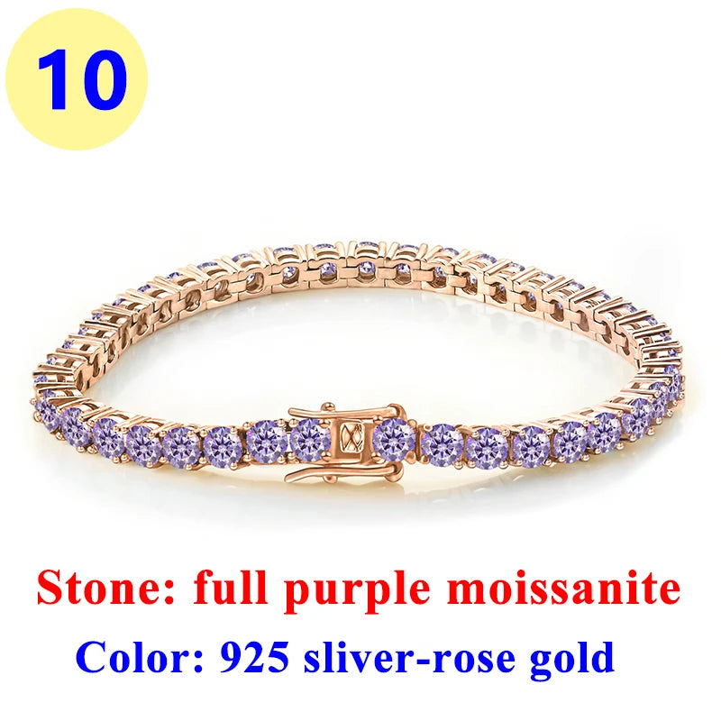 3MM Pink Full Moissanite Tennis HipHop Blue Green Yellow Purple Bracelet S925 Sliver Plated White Gold Bracelet for Women Men