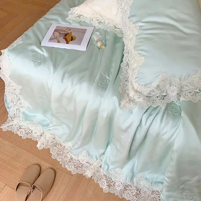 100%Eucalyptus Lyocell Cream White Lace Soft Silky Textured Wrinkle-Free Summer comforter Blanket 1Pc Flat sheet 2Pillow shams