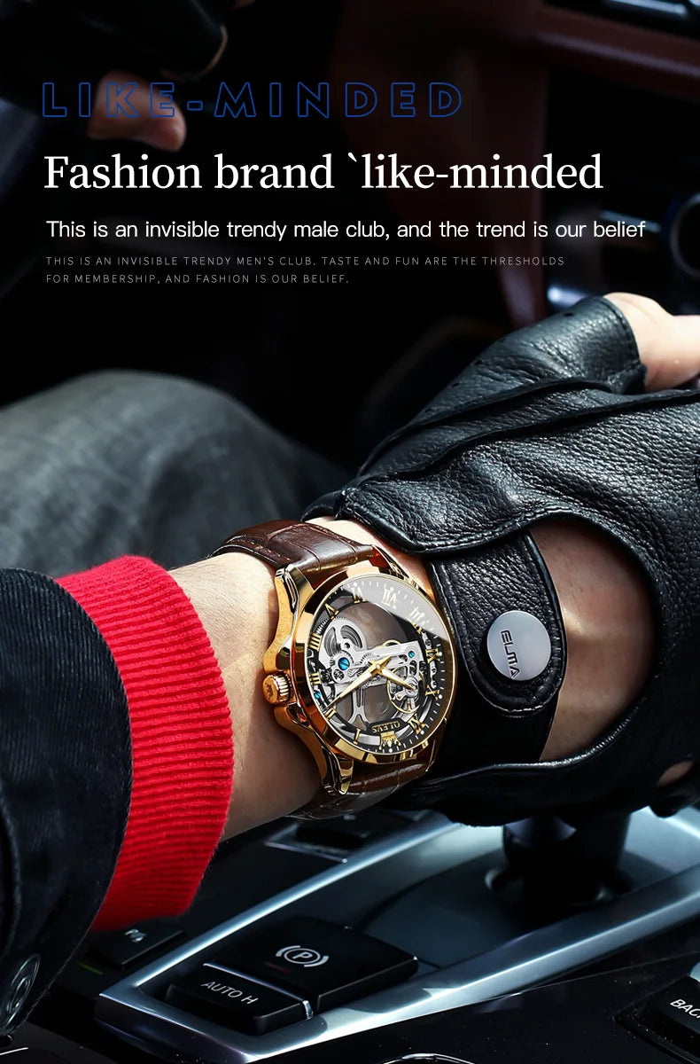 OLEVS Trend Fashion Men's Watches Casual Leather Strap Hollow Out Self-winding Movement Original Automatic Mechanical Wristwatch