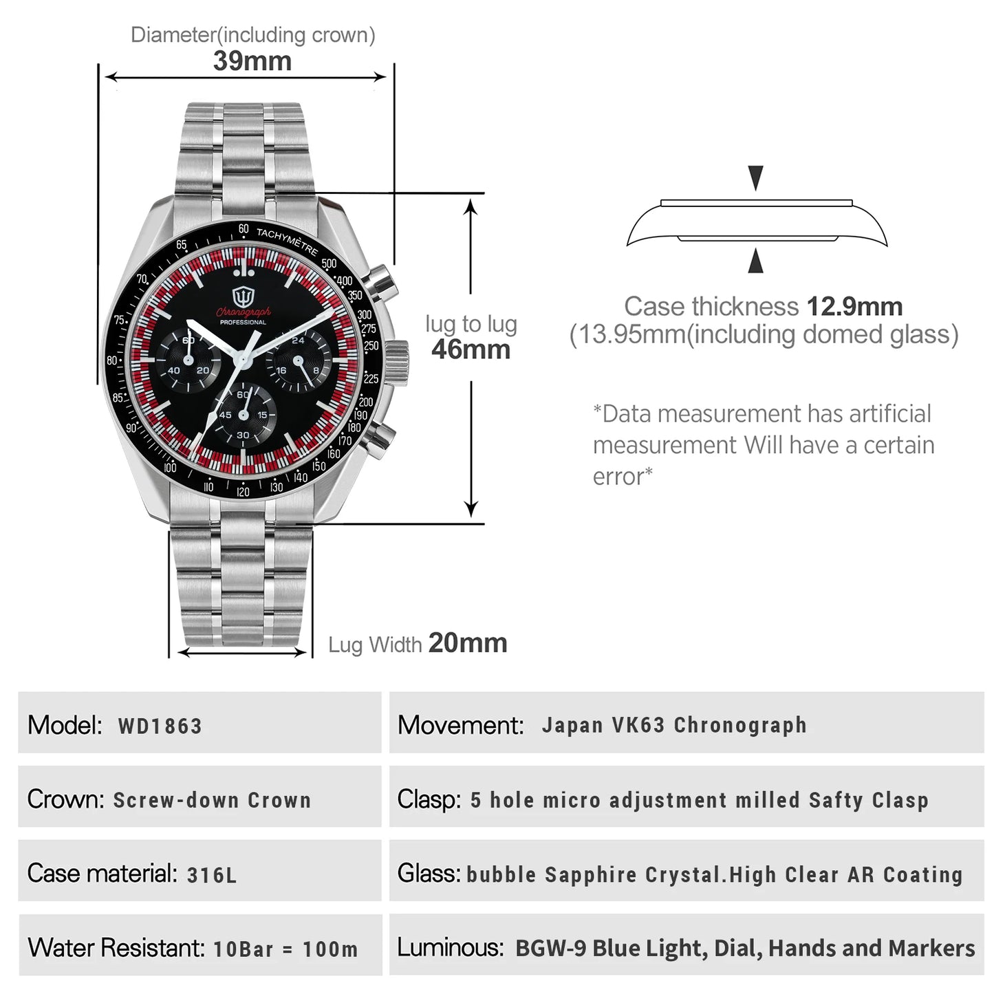 Watchdives New WD1863 Watch VK63 Chronograph Movement Aluminum Bezel BGW9 Luminous Bubble Sapphire Crystal 39mm Vintage Watches