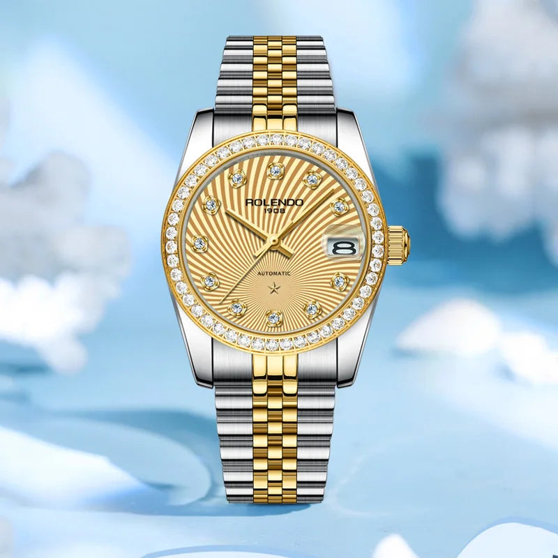 ROLENDO Classic Date Watches for Woman 32mm Sapphire Crystal 30ATM Butterfly Buckle Gold Luxury Diamond-set Automatic Wristwatch