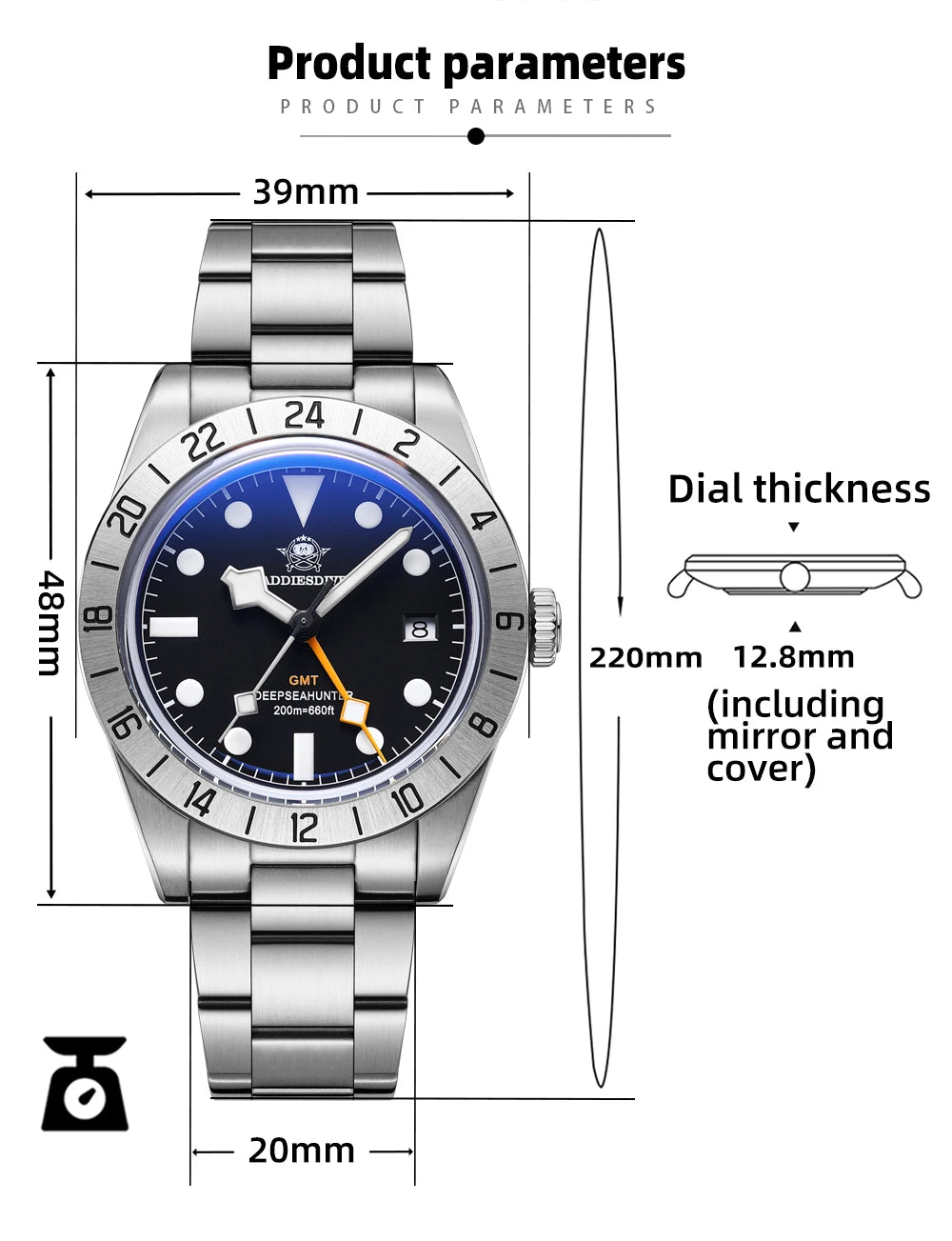 ADDIESDIVE AD2035 Watch For Men Swiss Ronda 515-24H BGW9 Luminous 20Bar Waterproof Bubble Mirror Glass GMT Quartz Watches reloj