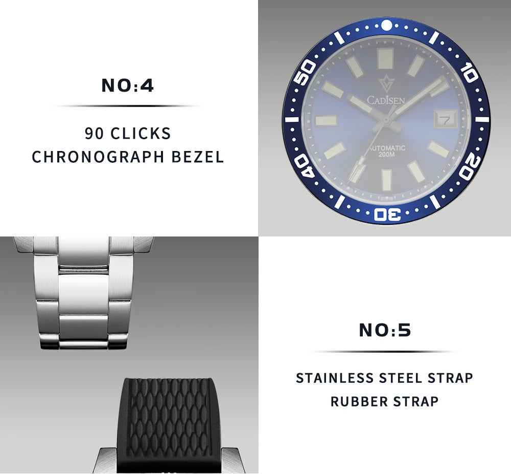 CADISEN New 38mm Diver Mens Watch Japan NH35A Automatic Mechanical Sapphire Glass Date Luminous 200M Waterproof Wrist watch Men