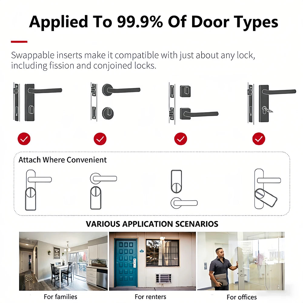 Smart lock with Tuya Bluetooth, fingerprint, password, and IC card unlocking; no drilling required for installation.