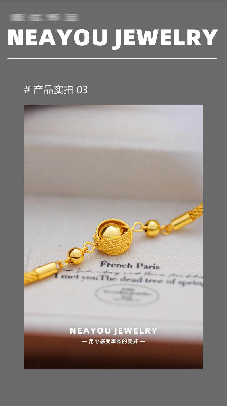 Women's Bird's Nest Lucky Bead Bracelet, 24K Gold, AU999 | "Stability" engraving with branch motifs, subtle professional charm.