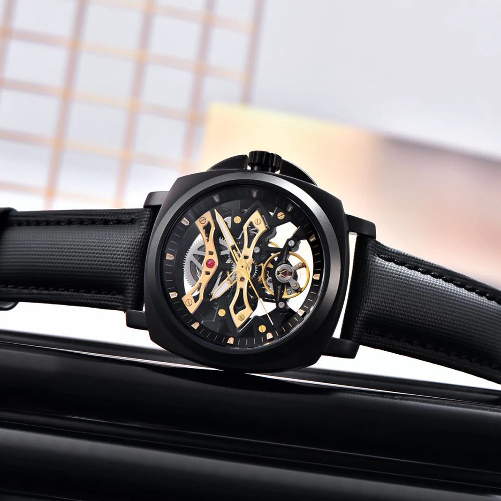 PAGANI DESIGN Herren Sportuhr, mechanische Automatik, quadratisches Design, Leder, wasserdicht, leuchtend, Geschenkidee für Feste, Herrenuhr + Box