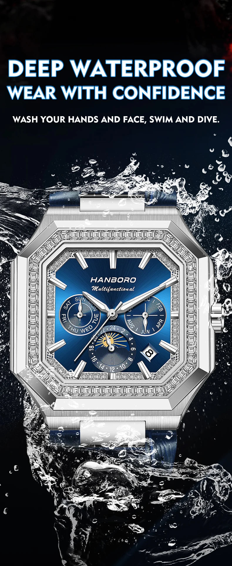 HANBORO Square Men's Fully Automatic Mechanical Watch Multi functional Fashion Trend Watch