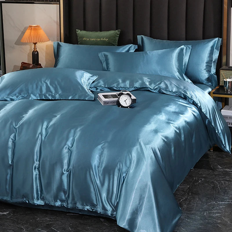Luxury Satin  Bedding Set With Flat Sheet Duvet Cover High End Bedding Set  High Density Satin  Solid Color Bedding