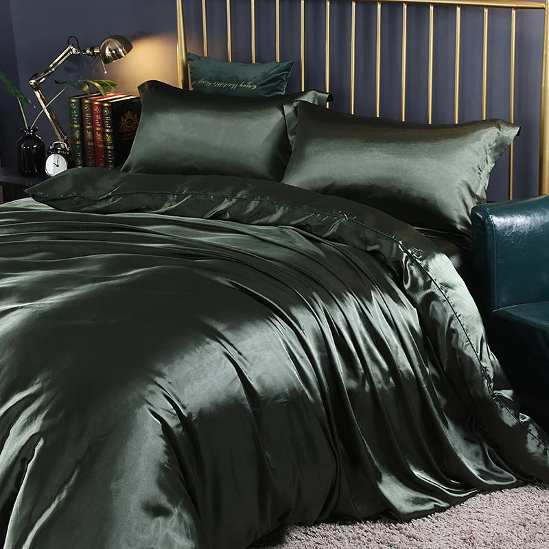 Silk Bedding Set with Duvet Cover Fitted/Flat Bed Sheet Pillowcase Luxury Satin Bedsheet Solid Color King Queen Twin Size