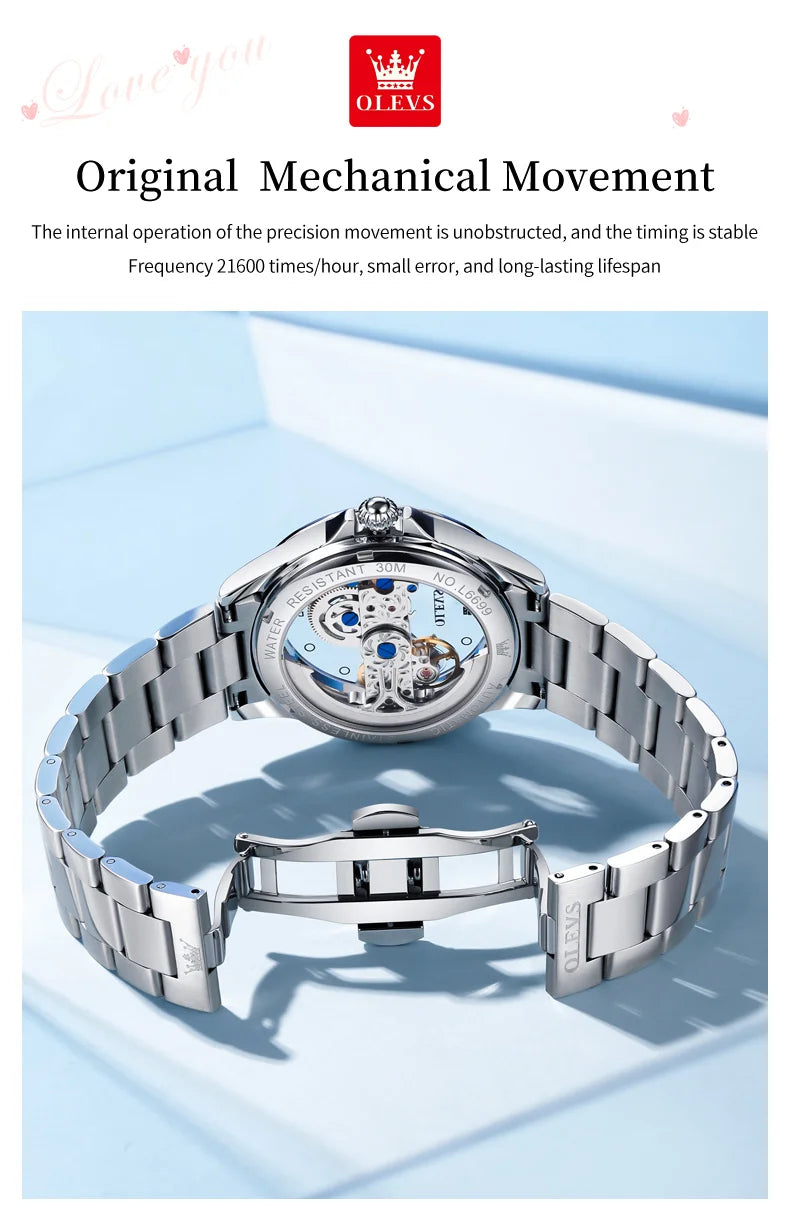 OLEVS Fully Hollow Watch for Women Automatic Mechanical Women's Watches Luminous Luxury Stainless Steel Diamond Inlay Wristwatch