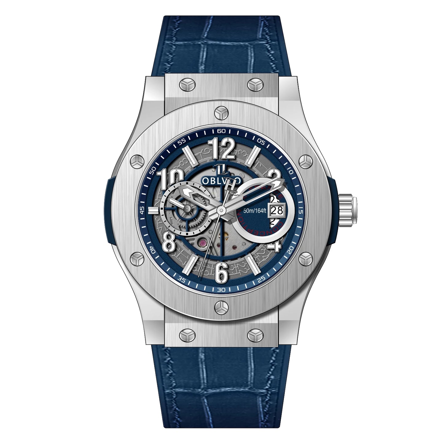 OBLVLO Men's Fashion Rose Gold 44mm Hollow-out Automatic Watch Waterproof Brown Leather Strap Mechanical Clock with Date HM-GT