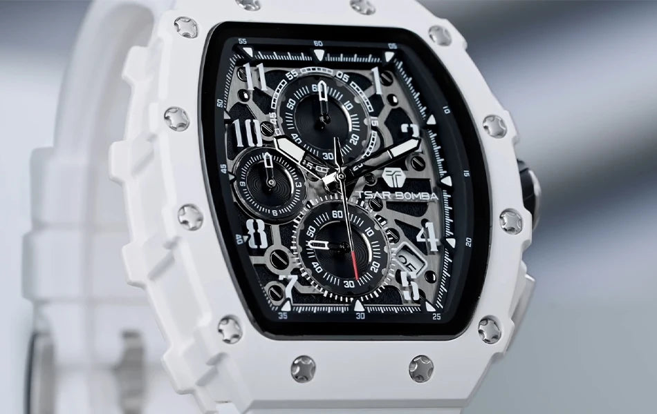 TSAR BOMBA Resin Watch for Men Tonneau Waterproof Mens Watches Top Brand Luxury Chronograph Sport Male White Wristwatches