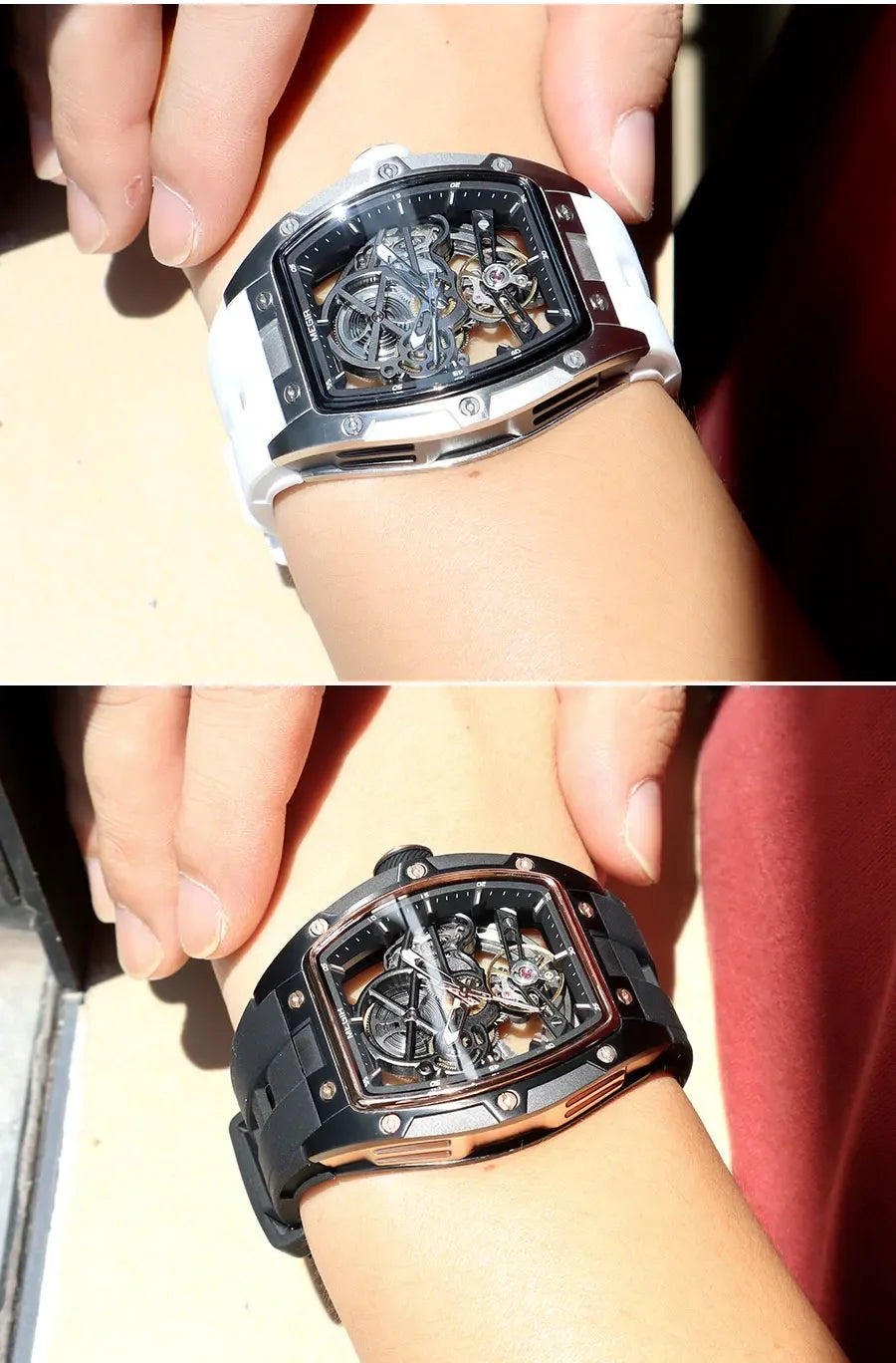 MEGIR Men's Automatic Mechanical Watch with Stainless Steel Case Silicone Band Skeleton Dial Waterproof Sport Wristwatch