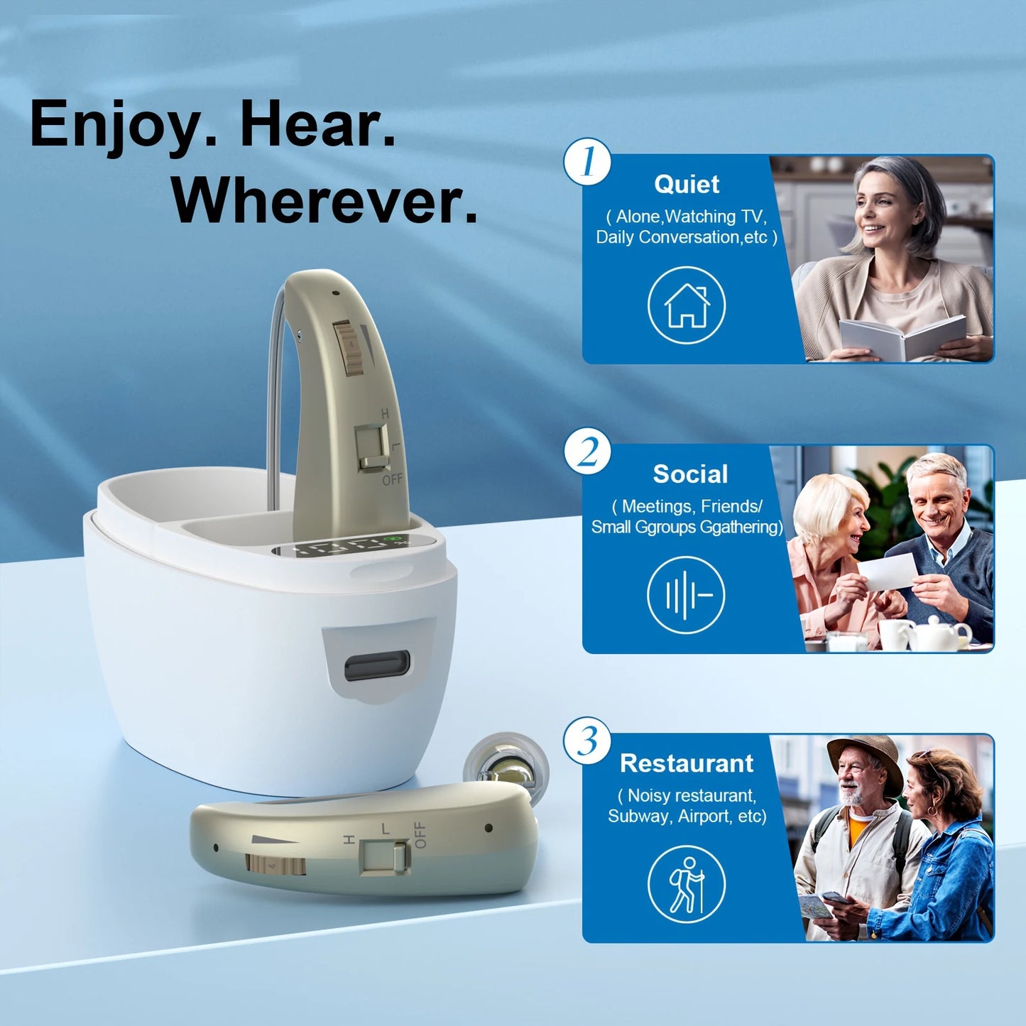 Auxiliary headphones, sound amplifier, noise reduction, adjustable volume, hanging ear with charging case