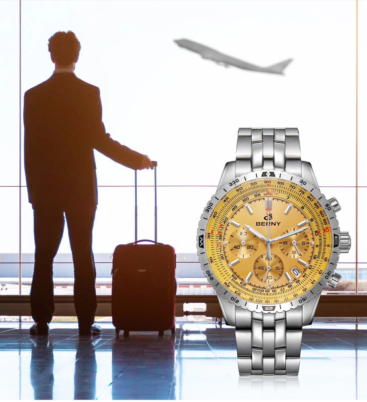 BERNY Aviation Pilot Men's Watches Quartz Chronograph Watch Date Sapphire Super Luminous Luxury Brand Dress Man Wristwatch