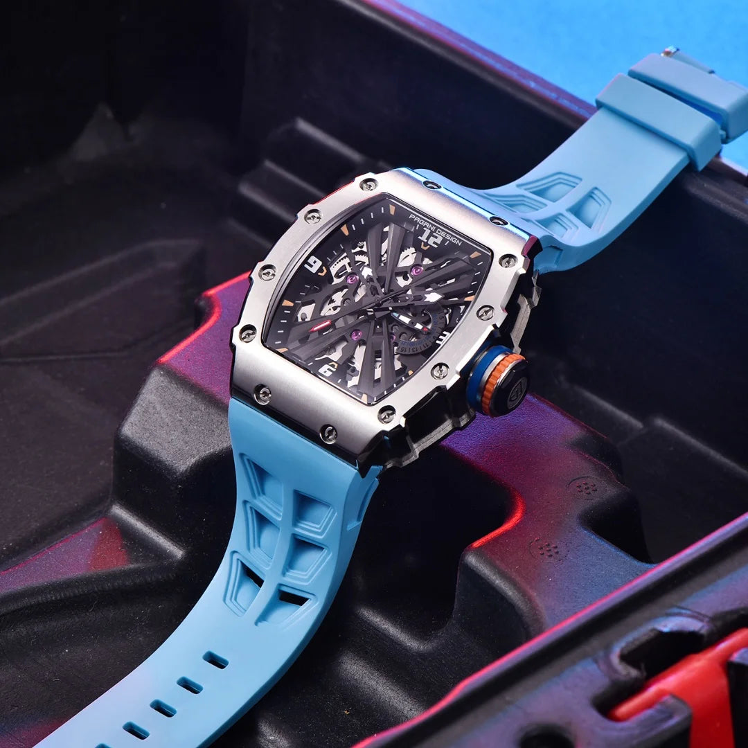 2024 New PAGANI DESIGN Men's Quartz Watches VH65 Movt Skeleton Dial 100M Waterproof Sport Rectangle Sapphire Glass Watch for Men