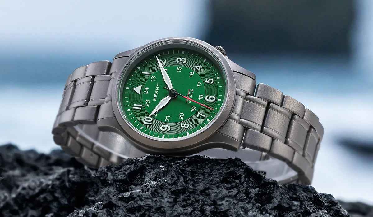 BERNY Full Titanium Watches for Men Outdoor Quartz Men's Field Pilot Wristwatch VH31 Super Luminous Sapphire Easy Read Watch