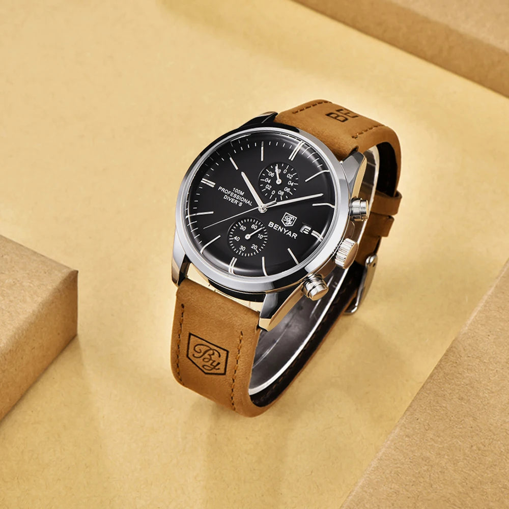 BENYAR Men Quartz Wristwatches Luxury Brand Chronograph Leather Sports Watch For Men Military 100M Waterproof Reloj Hombre 2023