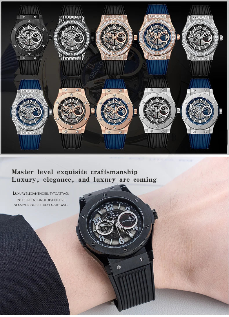 OBLVLO Men's Fashion Rose Gold 44mm Hollow-out Automatic Watch Waterproof Brown Leather Strap Mechanical Clock with Date HM-GT