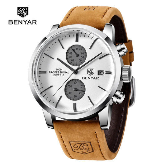 BENYAR Men Quartz Wristwatches Luxury Brand Chronograph Leather Sports Watch For Men Military 100M Waterproof Reloj Hombre 2023