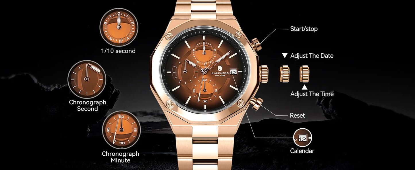SAPPHERO Rose gold Watch Mens Watch Luxury  Stainless Steel Quartz Watch Business Waterproof Luminous Calendar Wristwatch Gift