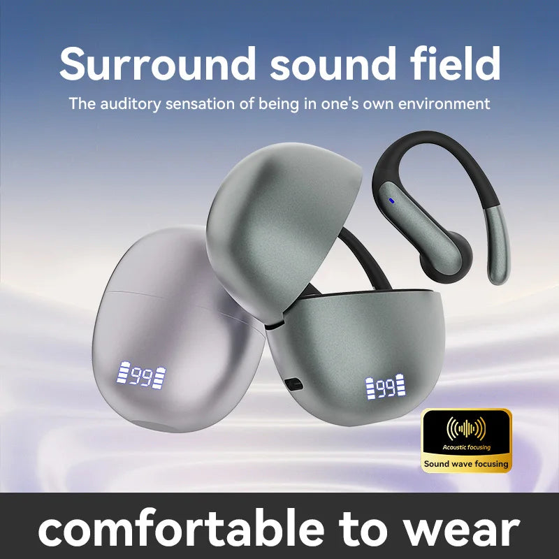 Bluetooth 5.3 Headphones LED Digital Power Display Long Playtime Comfortable Ear Hook Wear Noise Canceling Mic Stable Connection