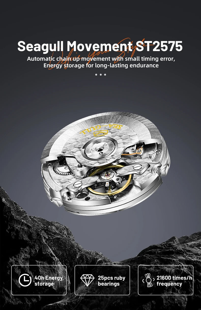 Montre homme haut de gamme Flywheel, montre de luxe à cadran Clous de Paris, étanche à 5 bars, mouvement mécanique automatique Seagull.