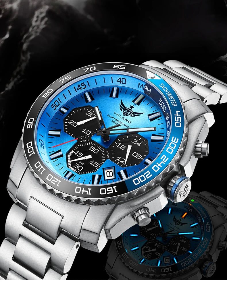 Yelang Watch 44mm V1215 Men Sports Watch Japan Eco-Drive VR42 Solar Diving Watch 100m Waterproof 10Bar Luminous watches for men