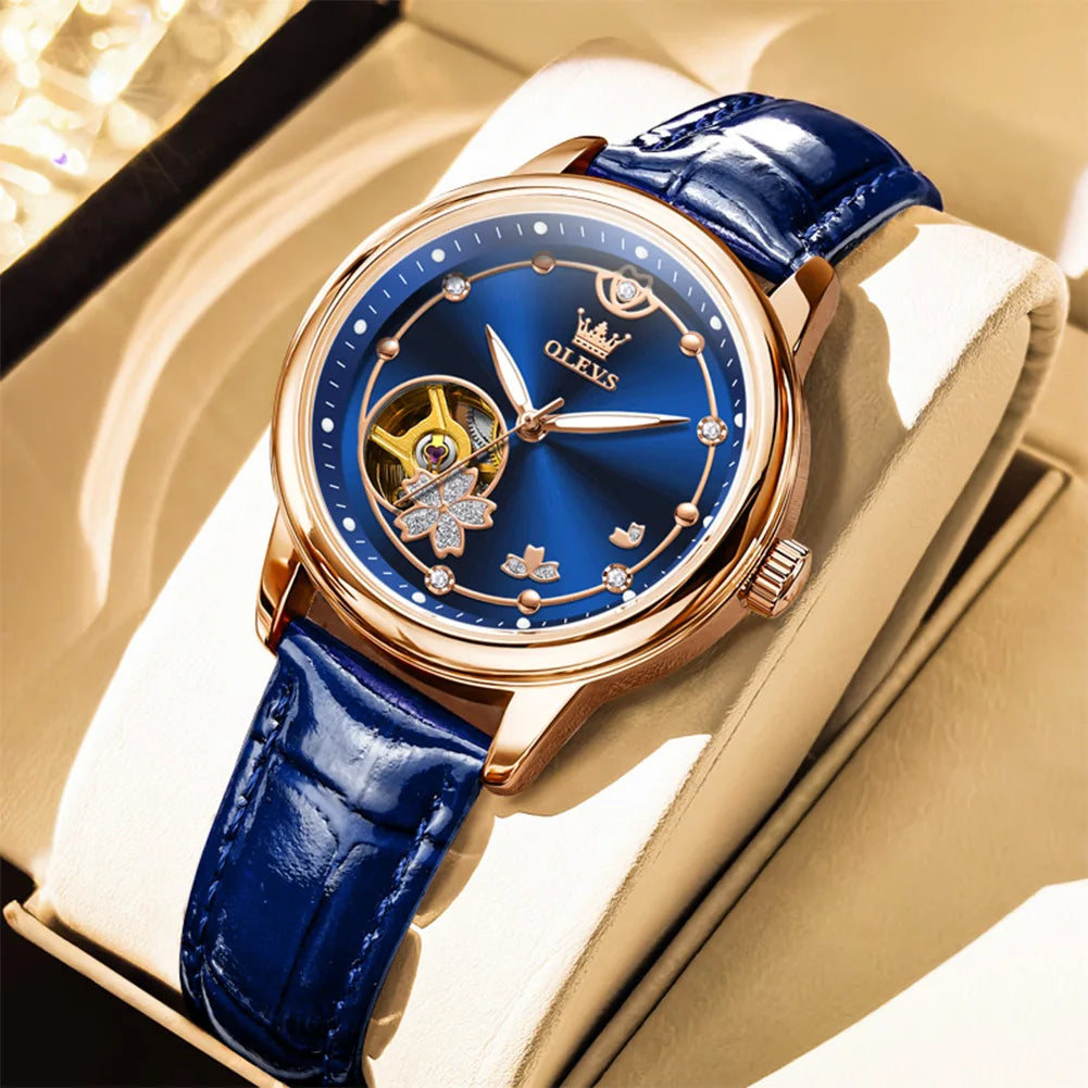 OLEVS Original Rhinestone Flower Design Watch Women's Luxury Rose Gold Watch Wine Red Automatic Mechanical Watch Birthday Gift