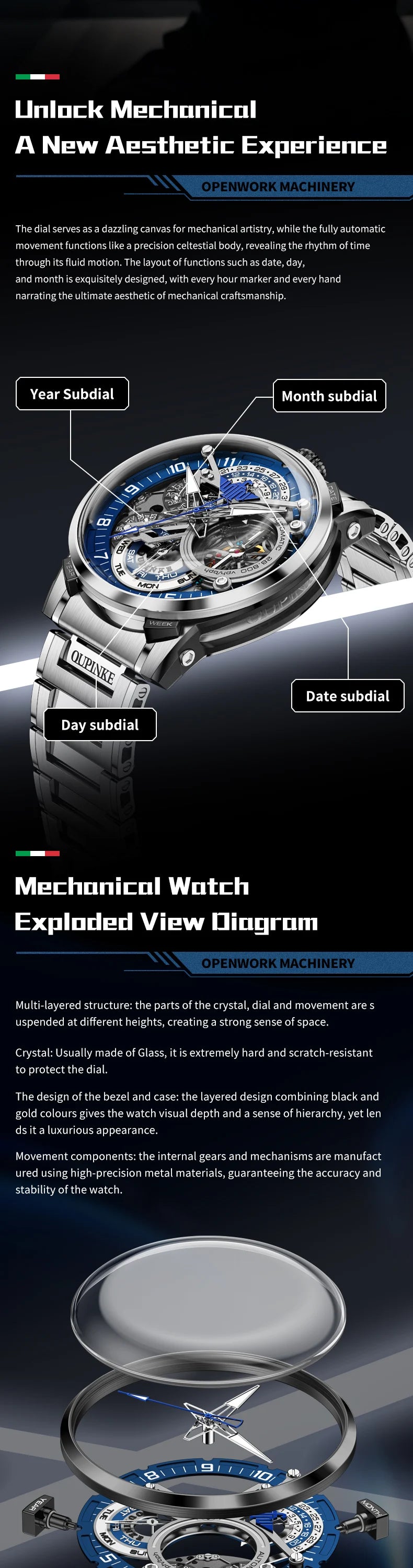 OUPINKE 3278 Herrenuhr, Luxus-Automatikuhr mit Schwungrad, Skelett-Uhrwerk, 50 m wasserdicht, Edelstahl 316L