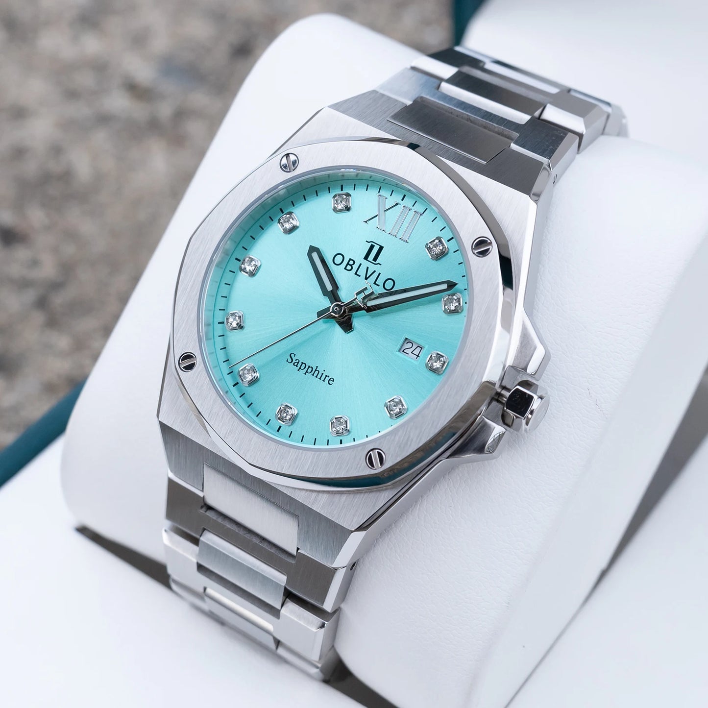 OBLVLO Herren-Armbanduhr mit achteckiger Lünette, blauem Zifferblatt, Datumsanzeige, Quarzwerk, wasserdicht, ideal für Paare (AWM)