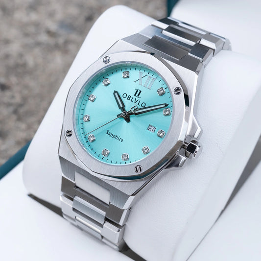 OBLVLO Men's Fashion Octagon Bezel Dress Watch Blue Dial Date Quartz Movement Waterproof Designer Wristwatch for Couples AWM