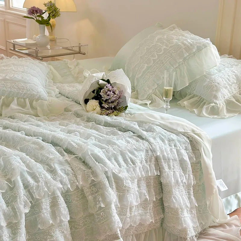 100%Eucalyptus Lyocell Cream White Lace Soft Silky Textured Wrinkle-Free Summer comforter Blanket 1Pc Flat sheet 2Pillow shams