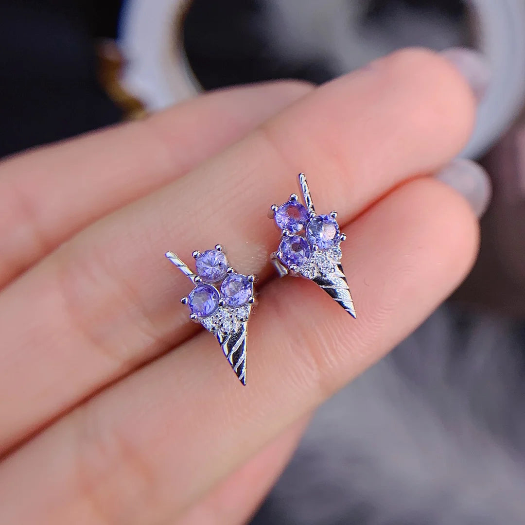 Fine Natural Tanzanite Silver Ice Cream Design  Earring 3x3mm Natural Tanzanite 925 Silver Tanzanite Engagement Earring