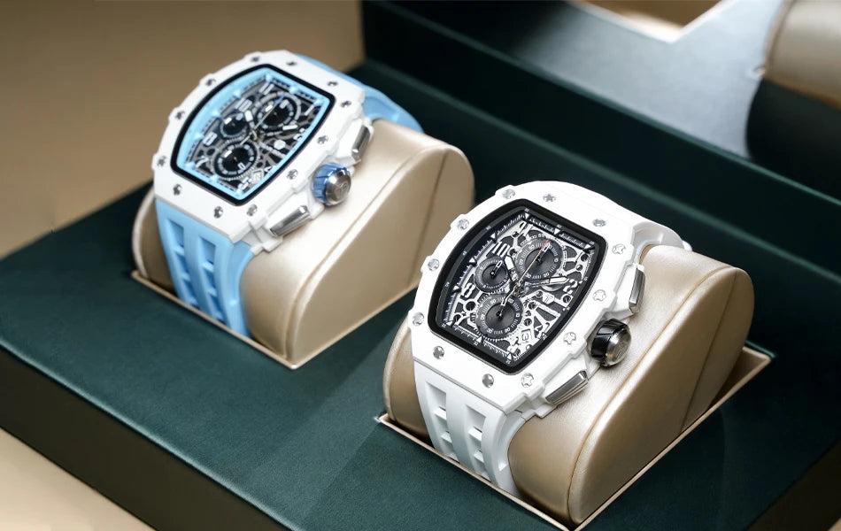 TSAR BOMBA Resin Watch for Men Tonneau Waterproof Mens Watches Top Brand Luxury Chronograph Sport Male White Wristwatches