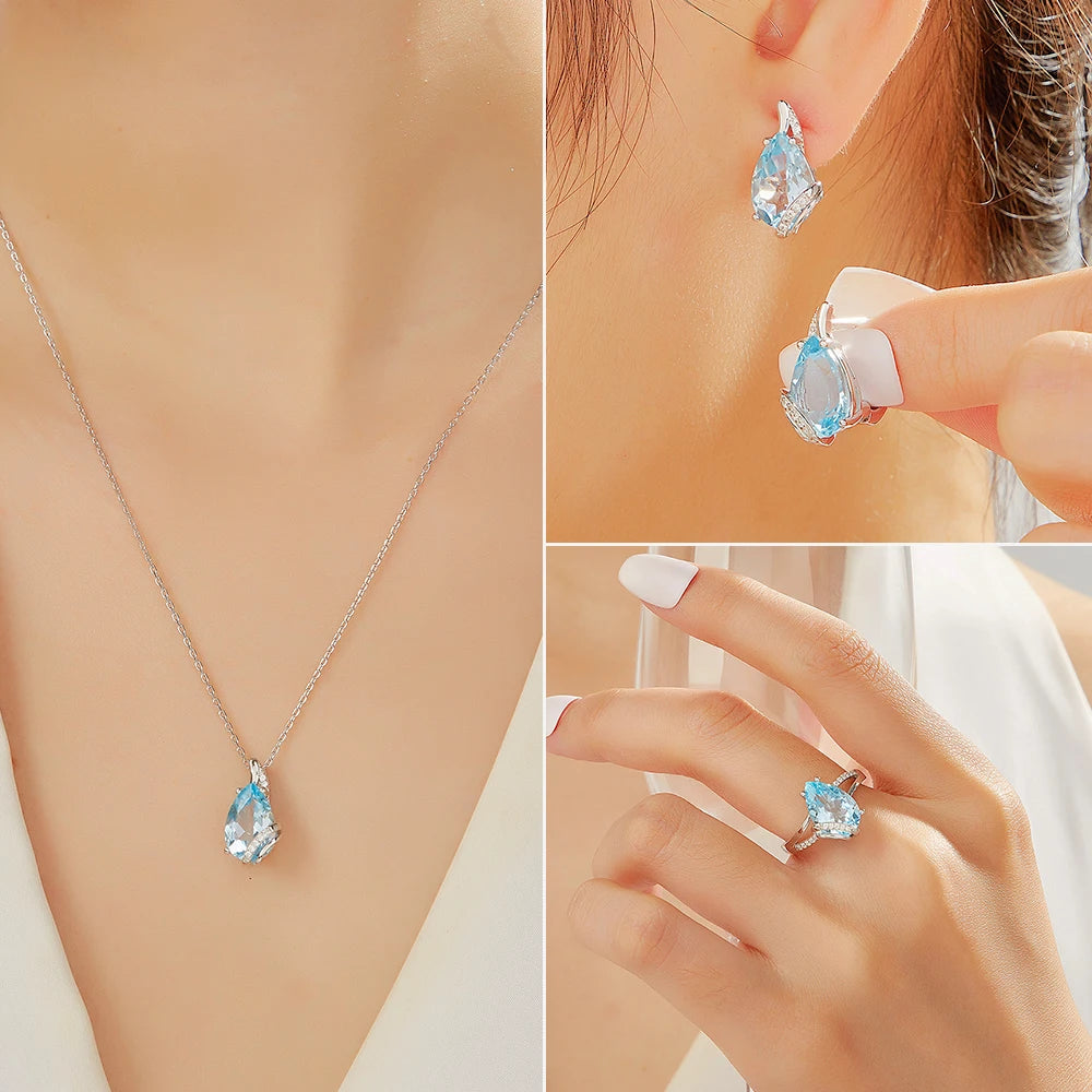 Earrings Trendy Drop Shape Natural Sky Blue Topaz jewelry set 925 Sterling Silver for Women Light Luxury Birthday Party Fine Jewelry Gift